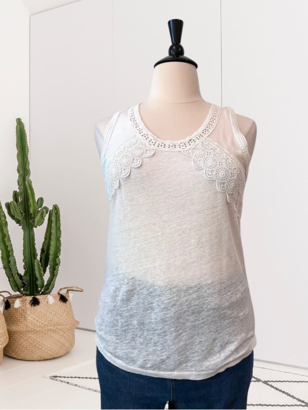 J.Crew Sleeveless Sheer Panel Crochet Lace Trim Linen Tank Top